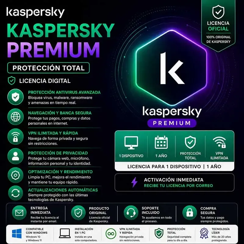 Kaspersky Premium 1 Año – Protección Total + VPN + Seguridad de Identidad | Licencia Original